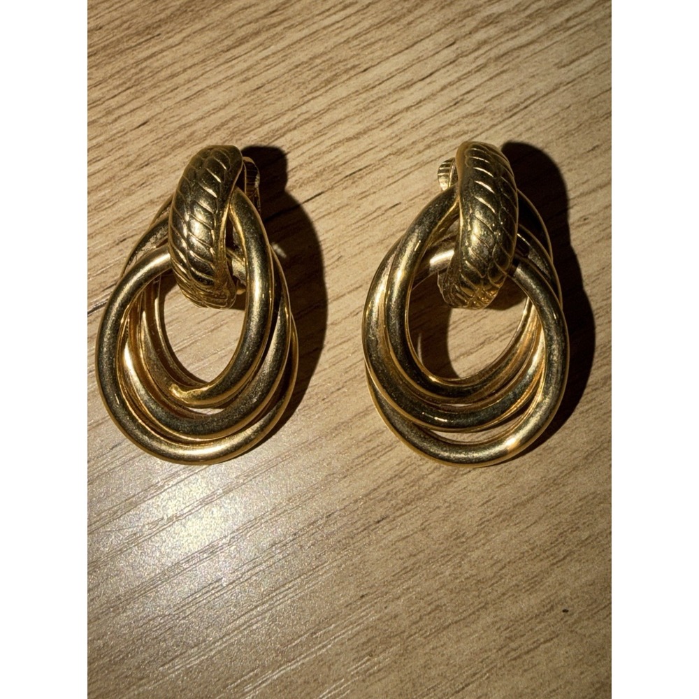 Vintage Gold Tone Yarn ball buckle Dangle Clip-on Earrings Multi Hoop